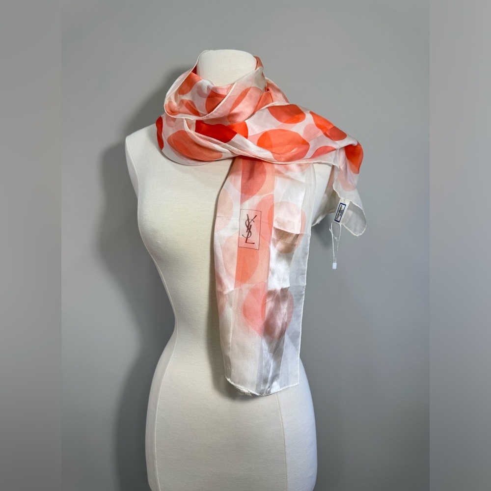 Yves Saint Laurent Vintage Polka Dot Silk Scarf Orange White Rolled Edge